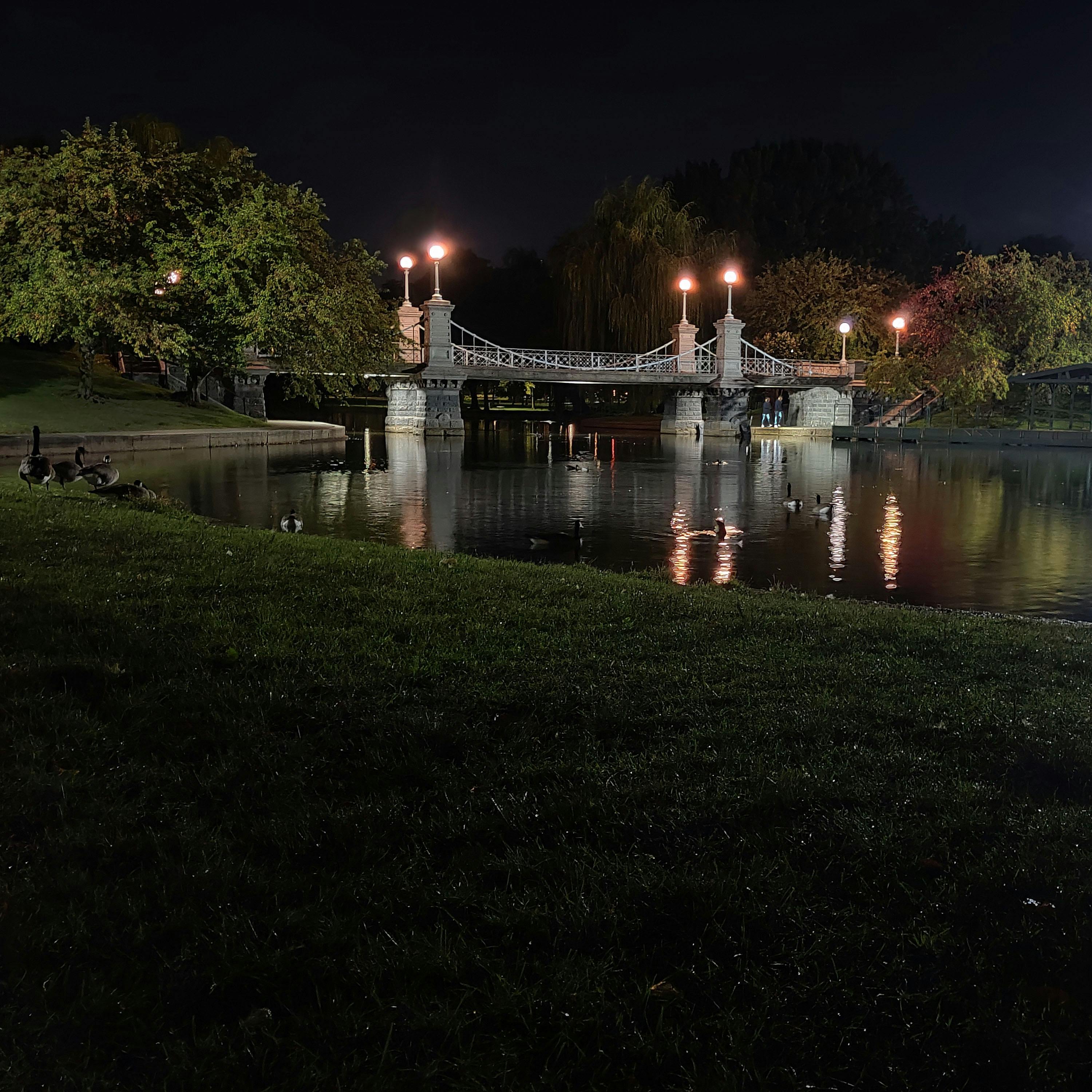 the boston common bridge, viewed over the pond at night
