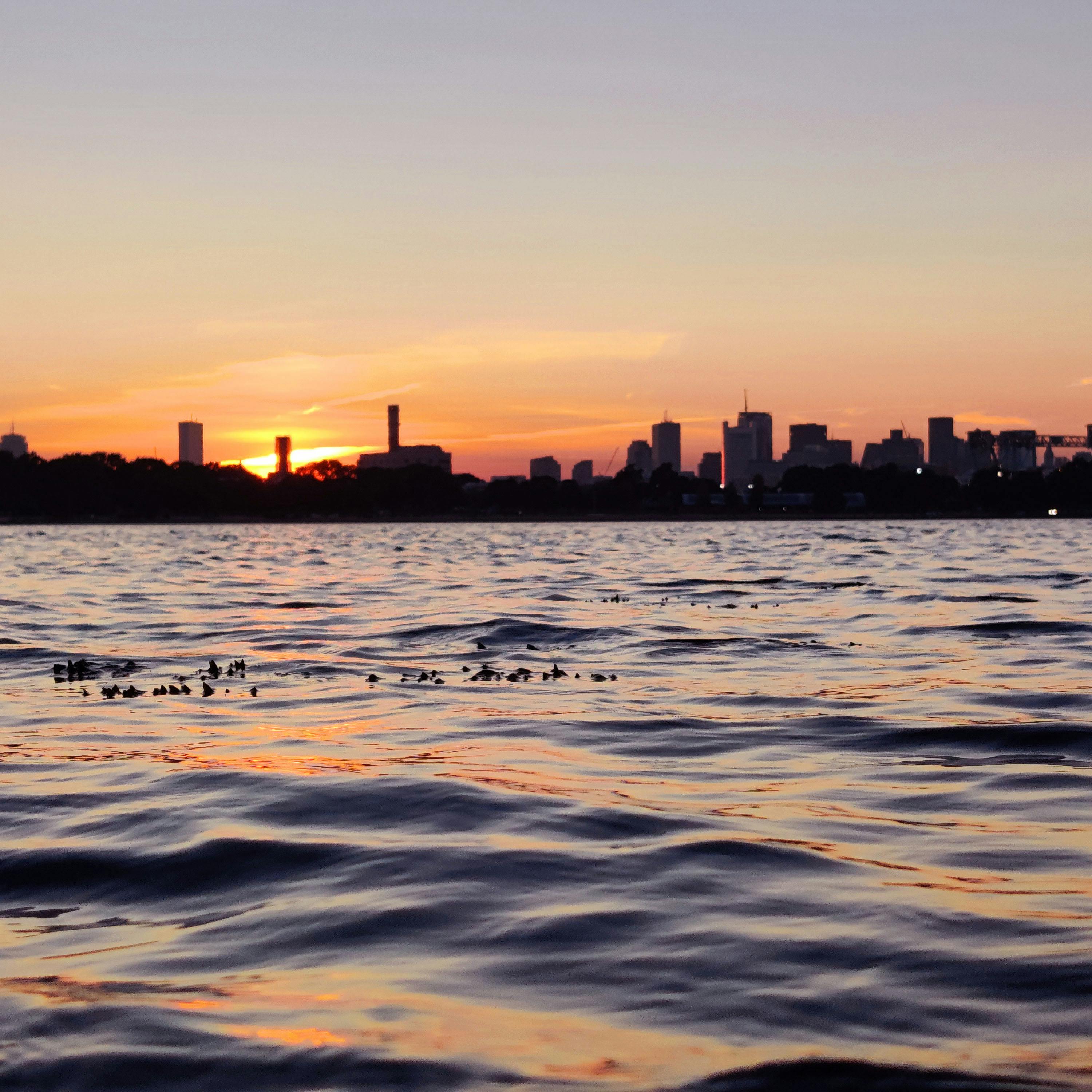 the sunset viewed over rough water past the boston skyline