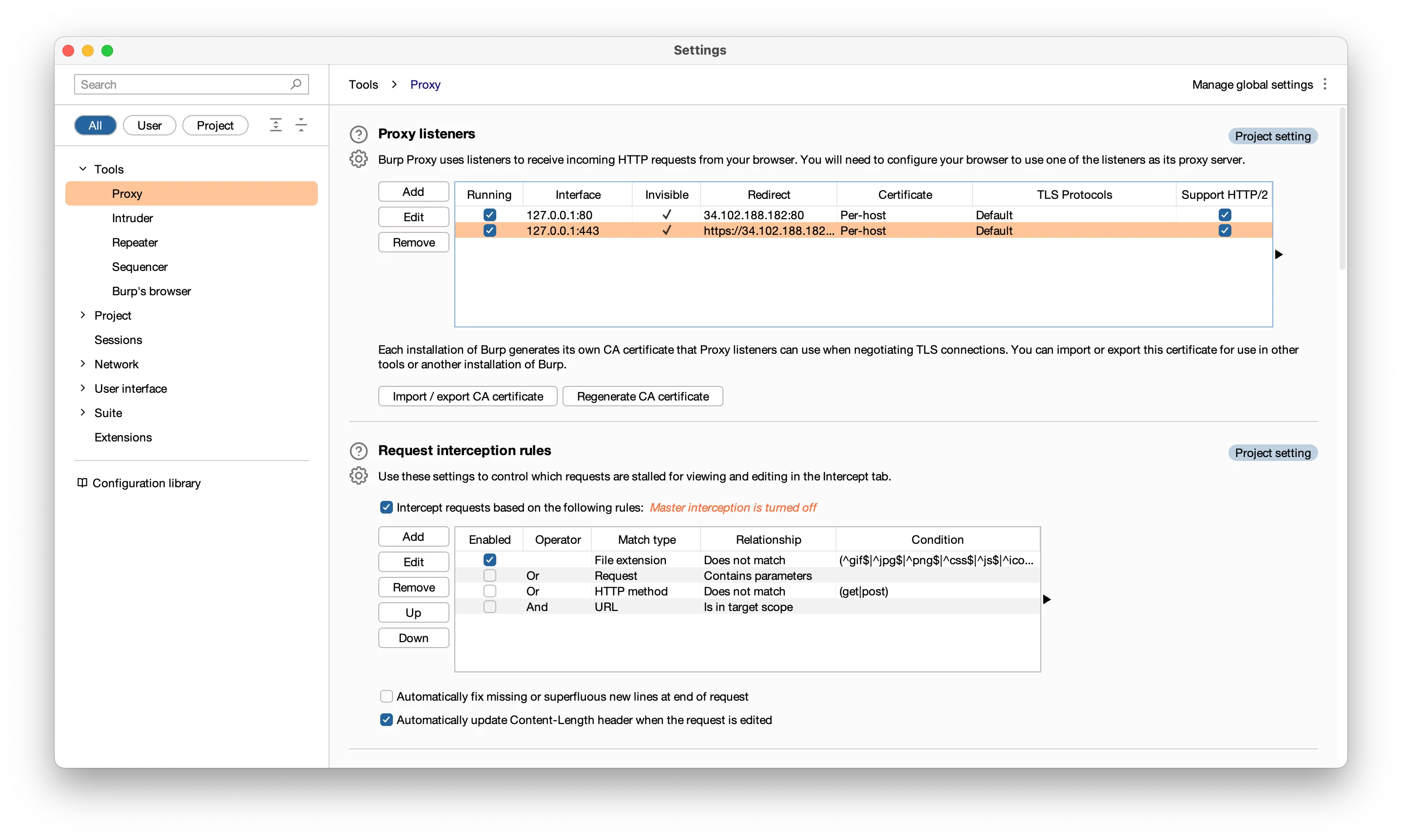 A screenshot of Burp Suite's proxy settings showing the stated configuration