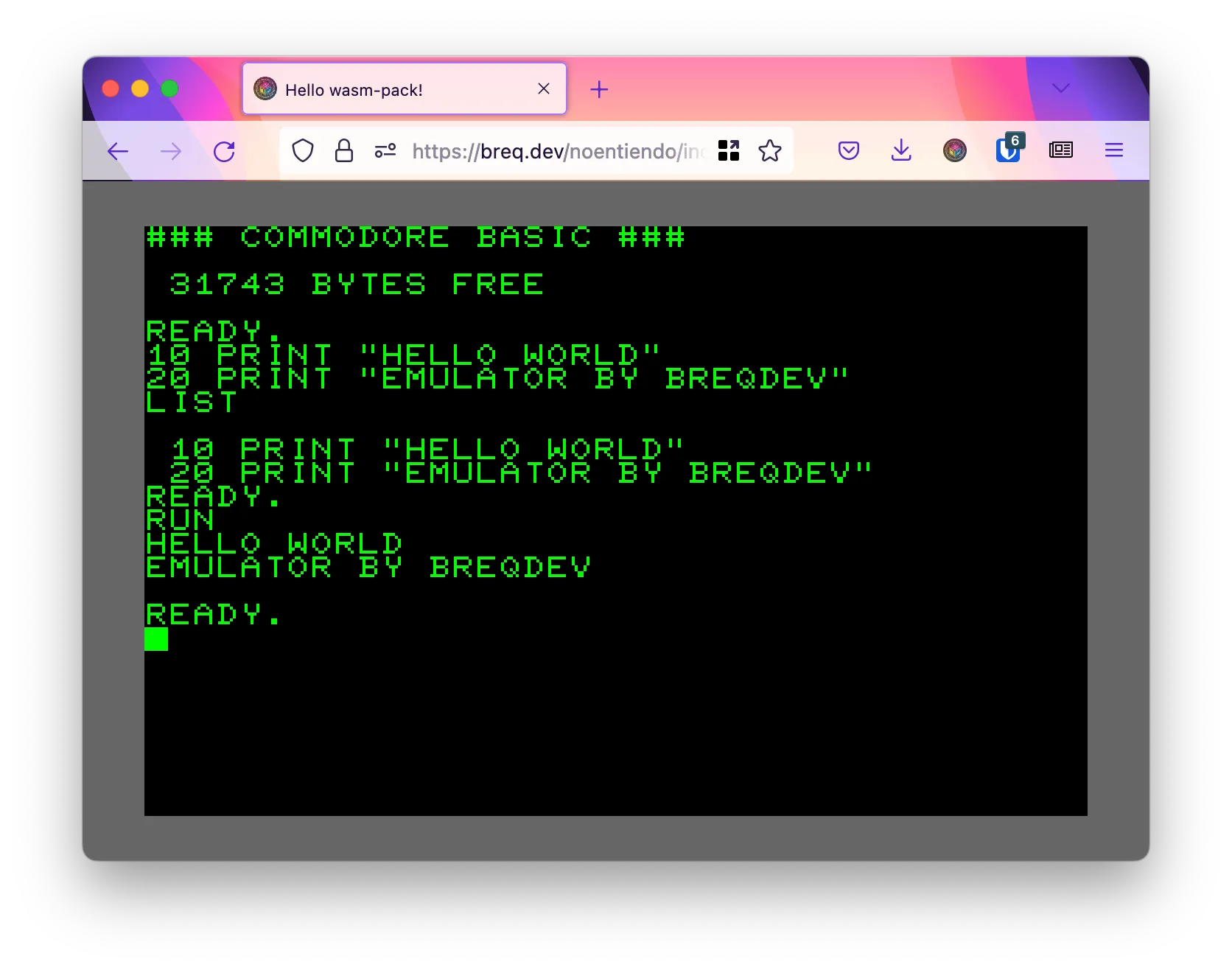 A screenshot of a Commodore PET emulator running in a browser.