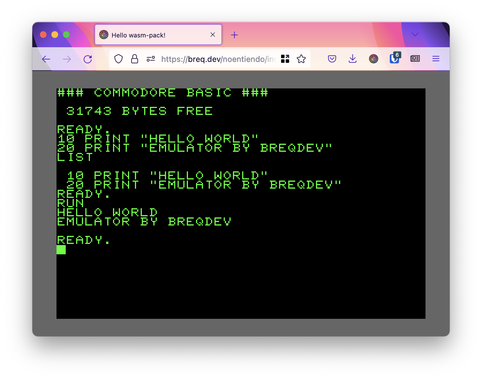 A screenshot of a Commodore PET emulator running in a browser.