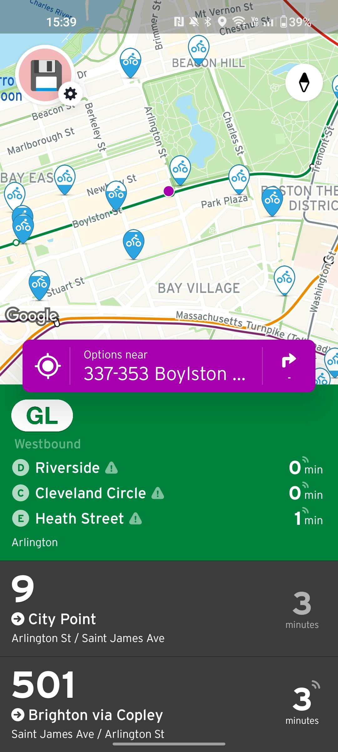A screenshot of the app's interface, showing a map and a list of transit lines.